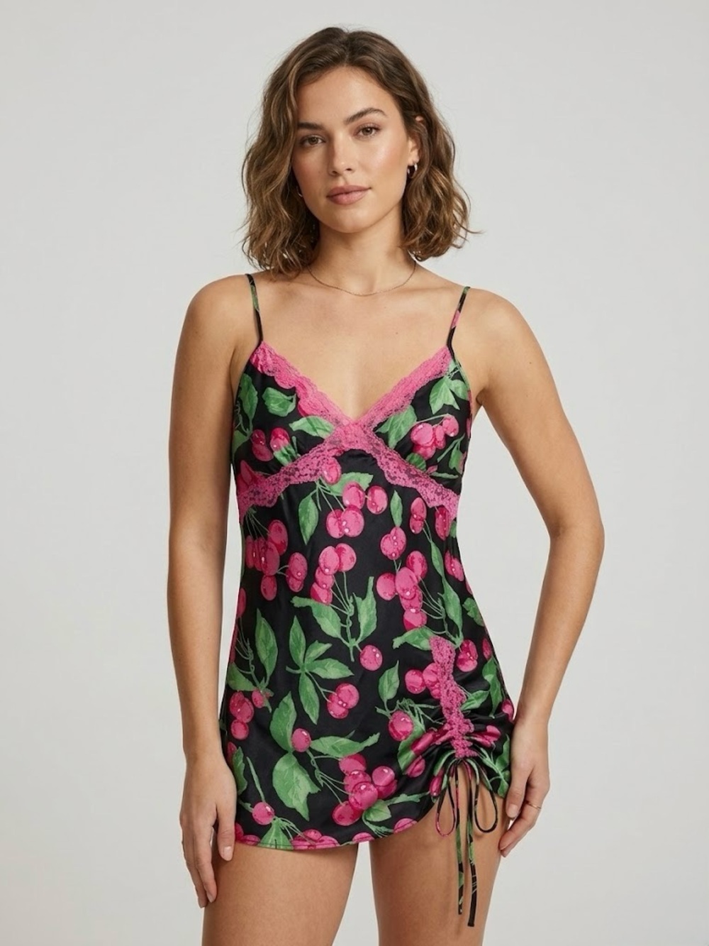 Y2K Vintage Victoria’s Secret Cherry Print Silky Satin Ruched Slit Slip Dress S